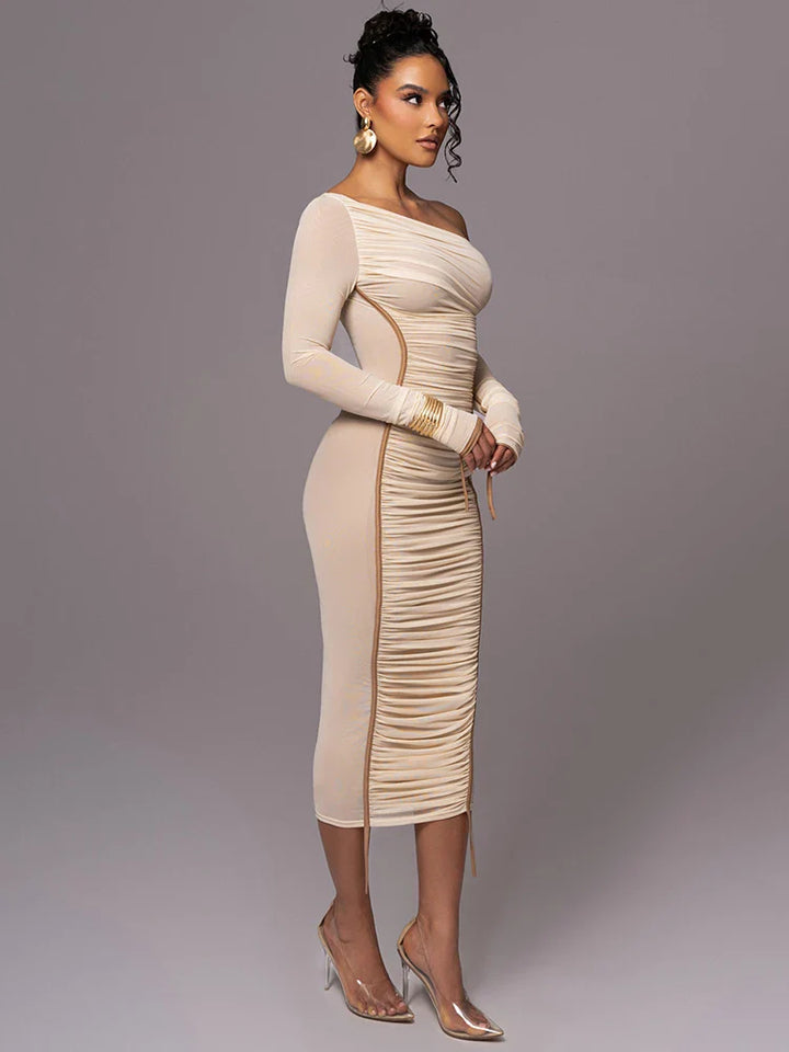 Midi ruched dress with asymmetrical neckline - LOV