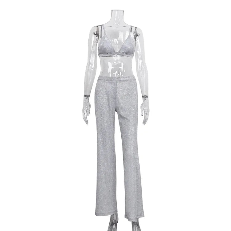 Three-Piece Sequin Suit with Bra, Blazer, and Long High-Waisted Pants - Pasha