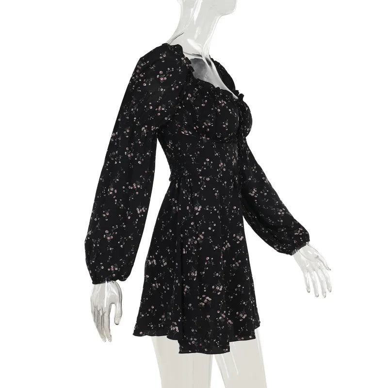 Floral ruffled mini dress with puff sleeves in a rustic style - Heidi