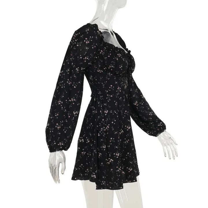 Floral ruffled mini dress with puff sleeves in a rustic style - Heidi