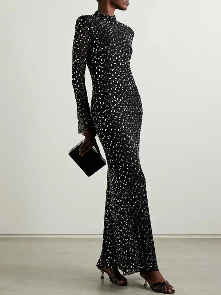 Luxurious Evening Maxi Dress with Sparkling Diamond Embellishment and Turtleneck Collar - Emerson