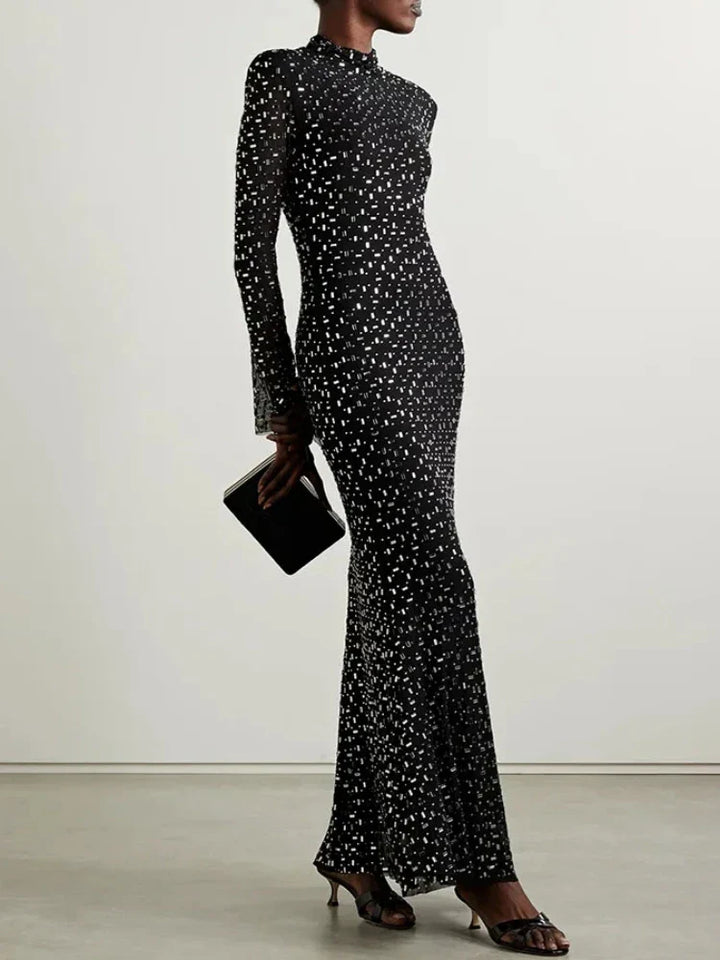 Luxurious Evening Maxi Dress with Sparkling Diamond Embellishment and Turtleneck Collar - Emerson