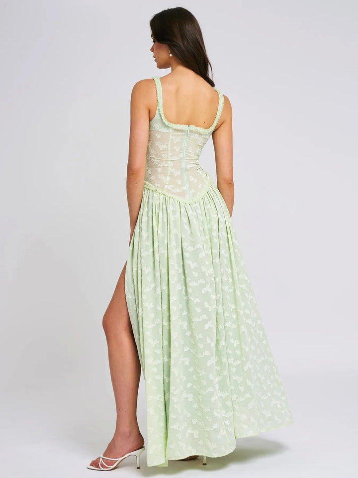 Chiffon Maxi Dress with Floral Embroidery, A-Line Cut, and Slit Design - Alejandra