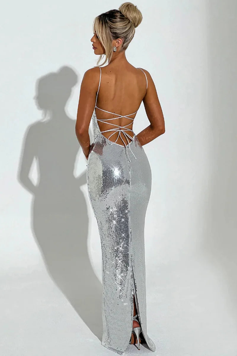 Sparkling Sequin Maxi Dress with Back Ties - Josie