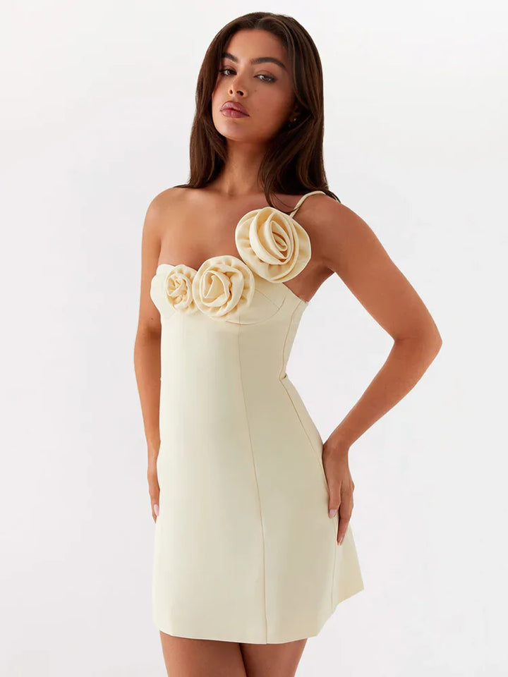 Mini Dress with Floral Applique and One Shoulder Strap - Annika