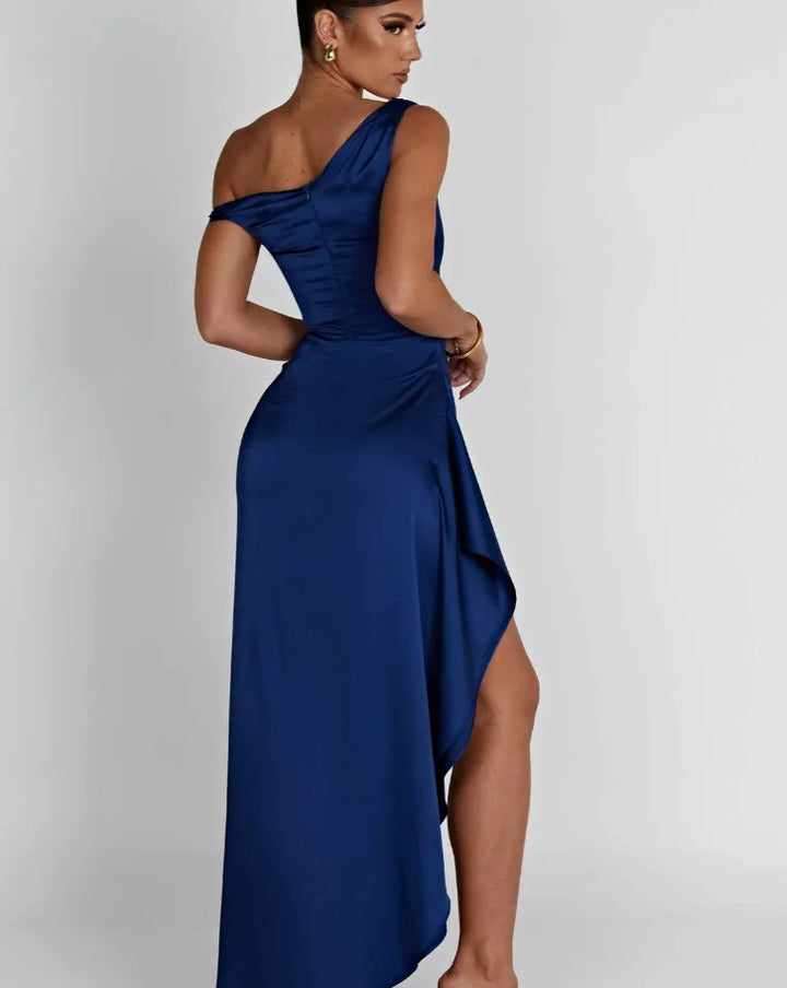 Satin Maxi Dress with Slit and One Shoulder Design - Emiliana