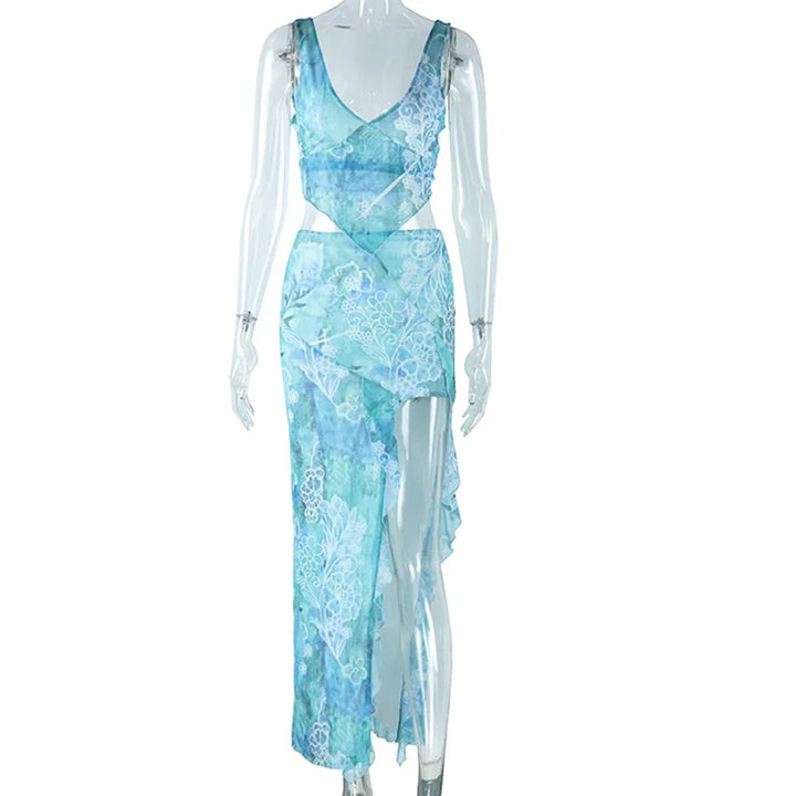 Two-Piece Set with Tropical Print, Top and Ruffled Maxi Skirt with Slit - MAYA