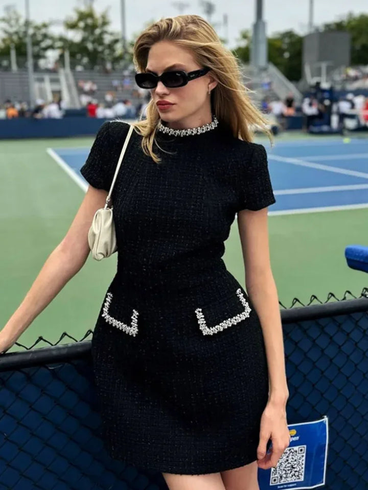 Elegant Mini Dress with Short/Long Sleeves, Tailored Style, Woven Fabric with Sequin and Pearl Embellishment - Lucia