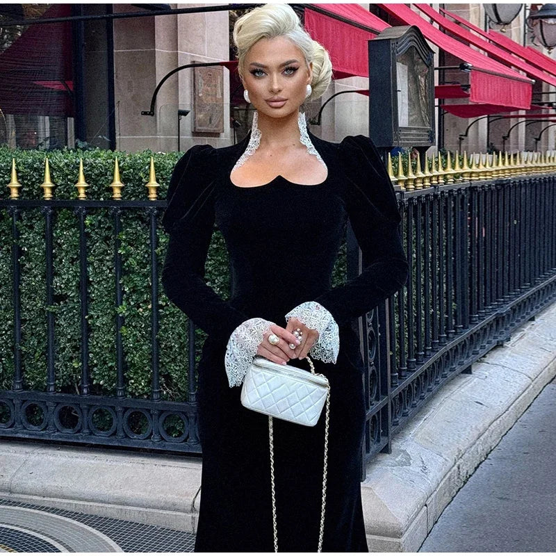 Velvet Maxi Dress with Lace Embellation - Saylor