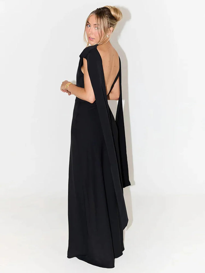 Elegant evening maxi dress with open back and train decoration - Ataret