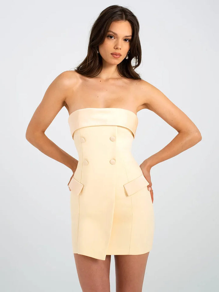 Strapless Mini Dress with Button and Faux Pocket Detail - Bonnie