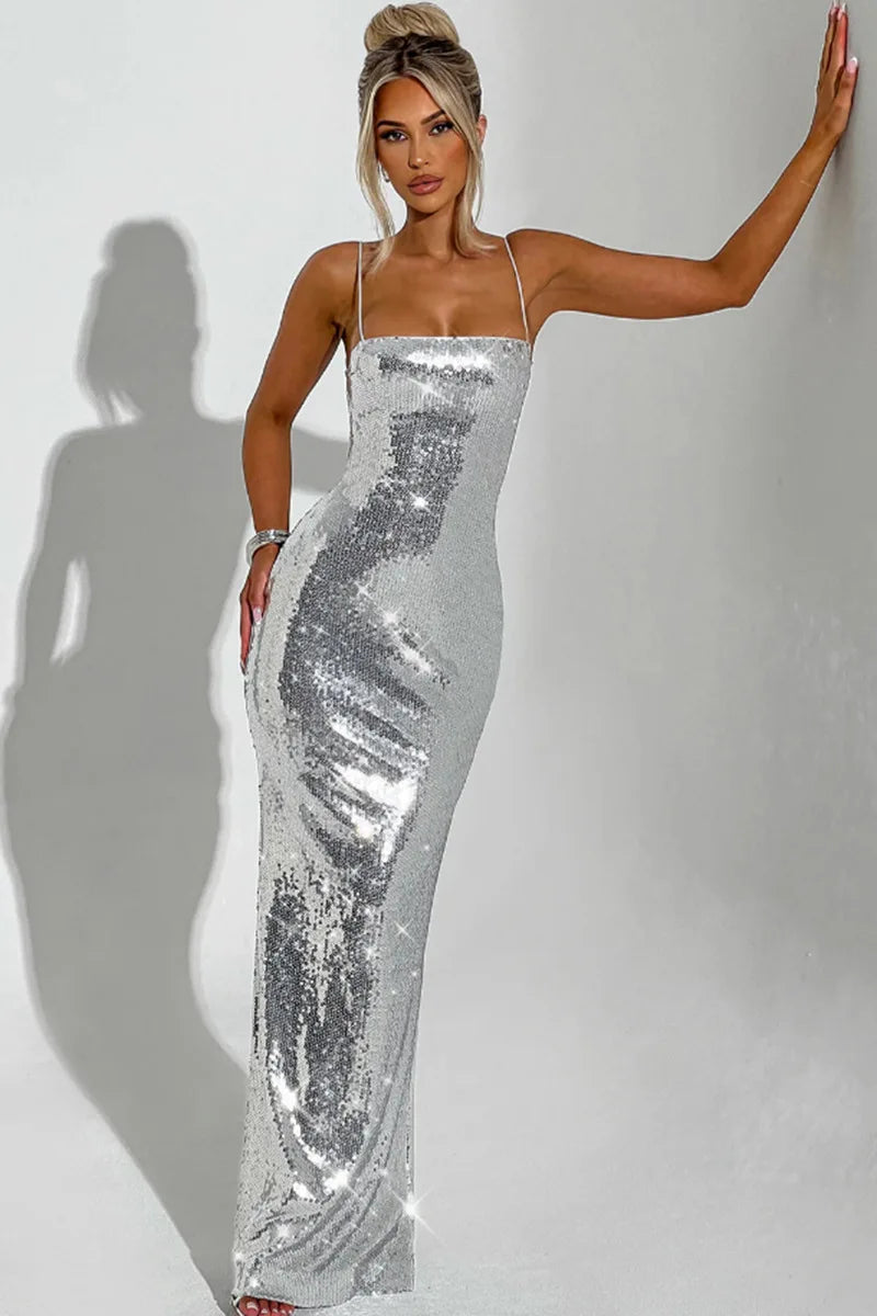 Sparkling Sequin Maxi Dress with Back Ties - Josie