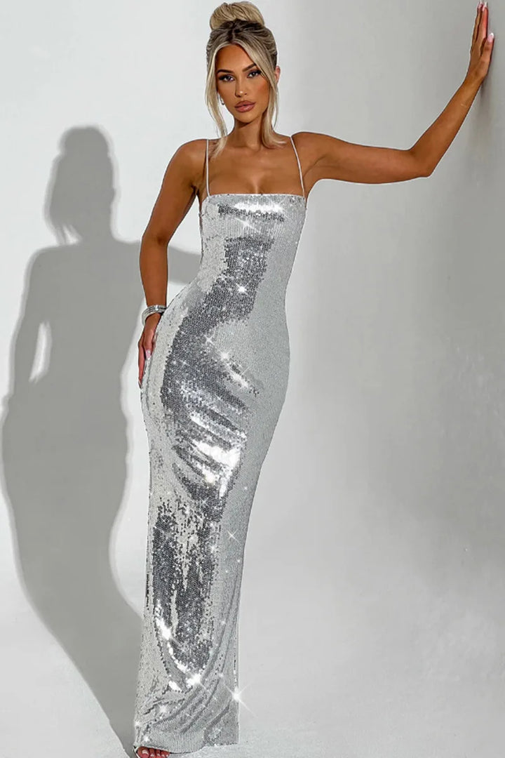 Sparkling Sequin Maxi Dress with Back Ties - Josie