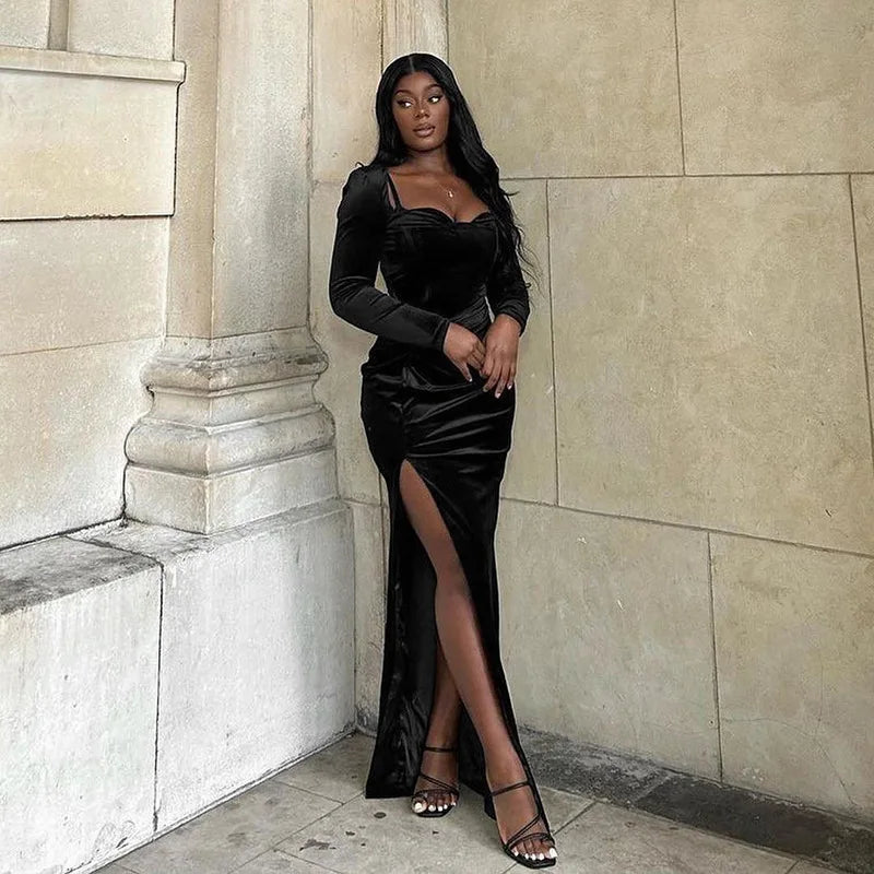 Velvet Maxi Dress with Slit Design - Prague