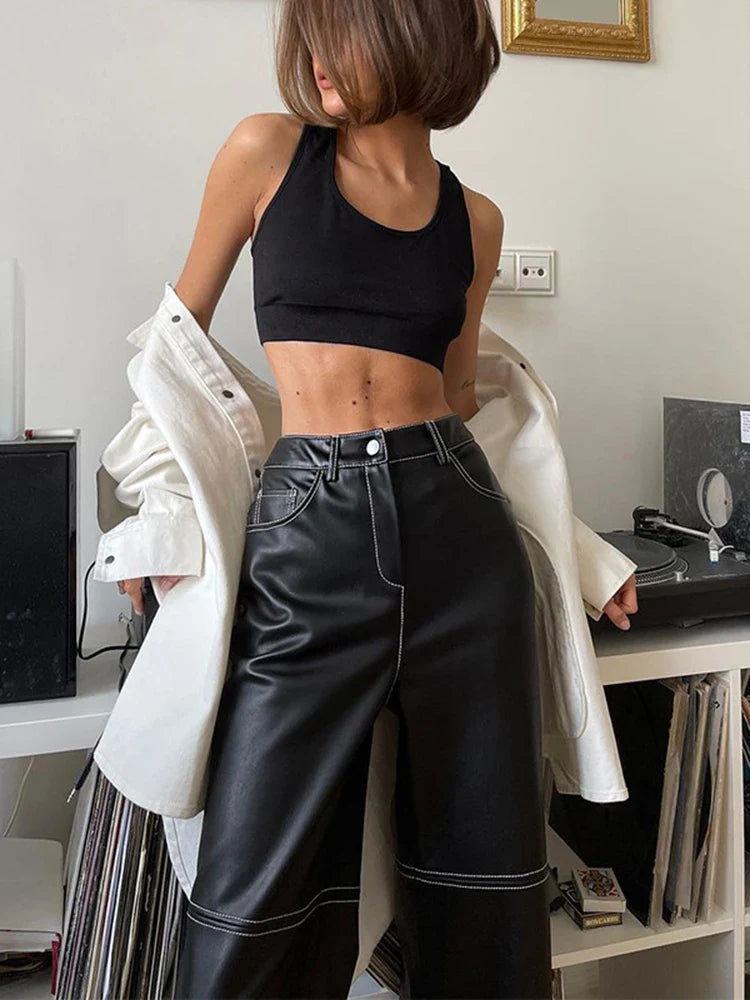 High-Waisted Faux Leather Pants, Loose Style - Kori