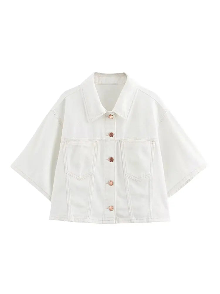 Two-Piece White Denim Set with Mini Skirt Pants and Buttoned Polo Collar Blazer - Genesis