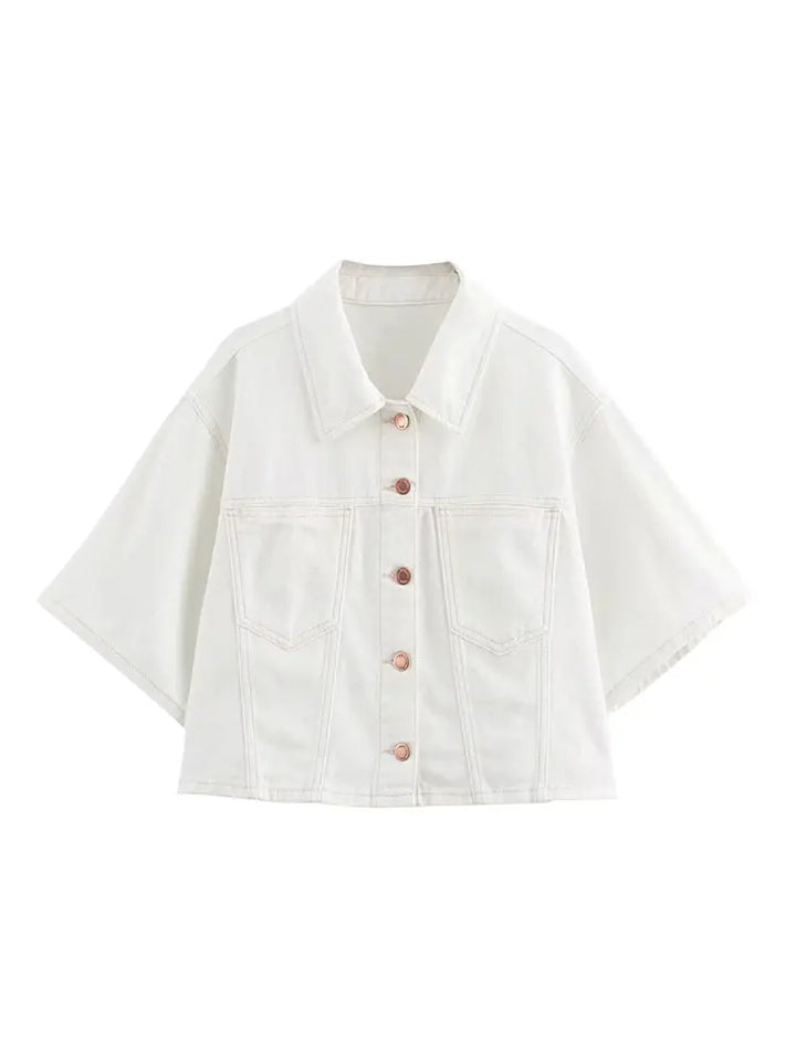 Two-Piece White Denim Set with Mini Skirt Pants and Buttoned Polo Collar Blazer - Genesis