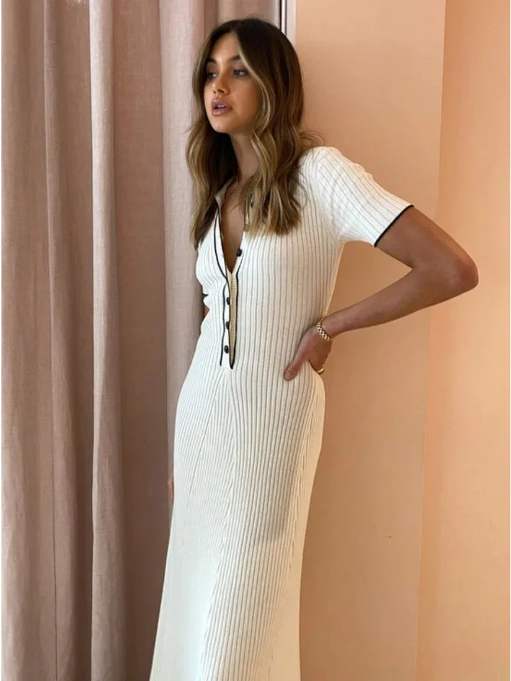 Knitted Maxi Dress with Elegant Design and Button Decoration - Ivanna