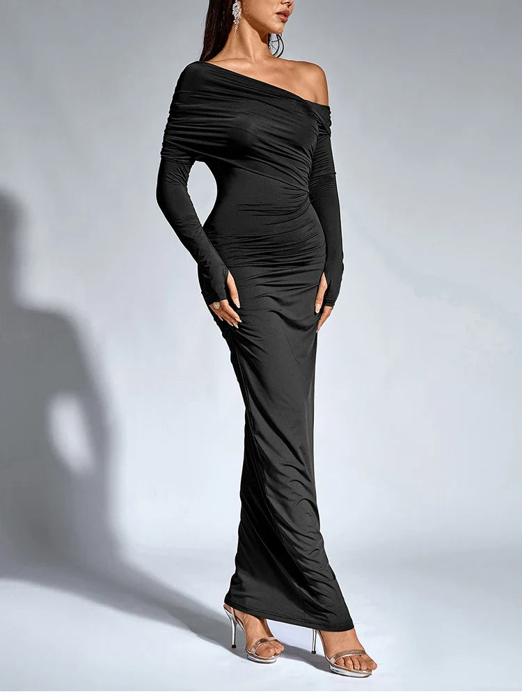 Maxi Dress with Ruching and One-Shoulder Design - Sharala