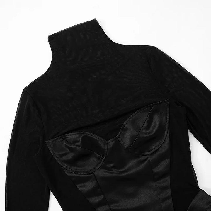 Turtleneck Satin Mini Dress with Mesh Corset and Cutouts - DIANA
