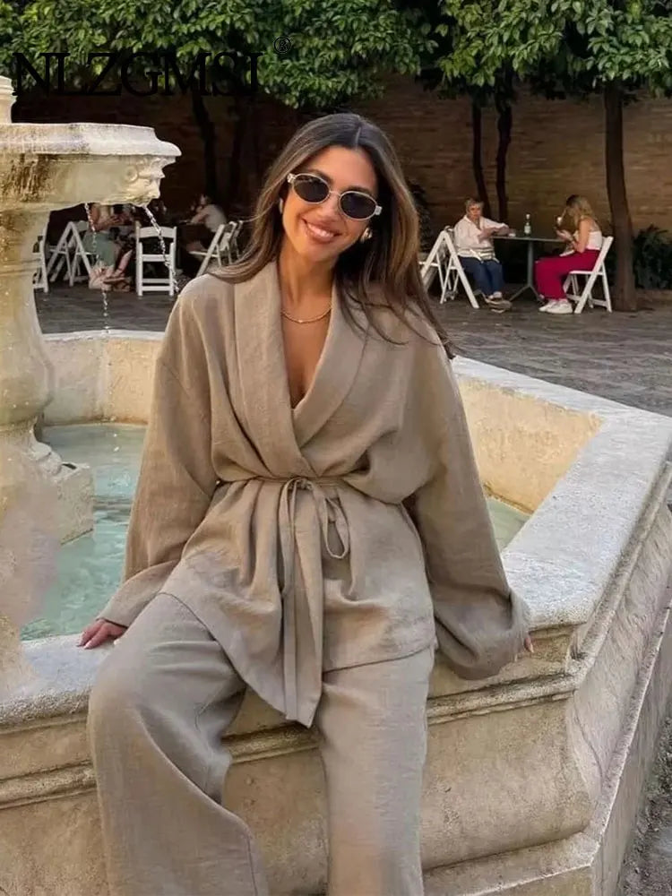 Two-Piece Linen Suit with Tie Shirt and Long Pants - Ava