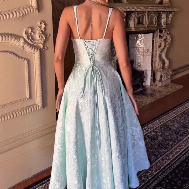 Midi A-line dress with embroidered floral illustrations and tie back for waist fit - Molina