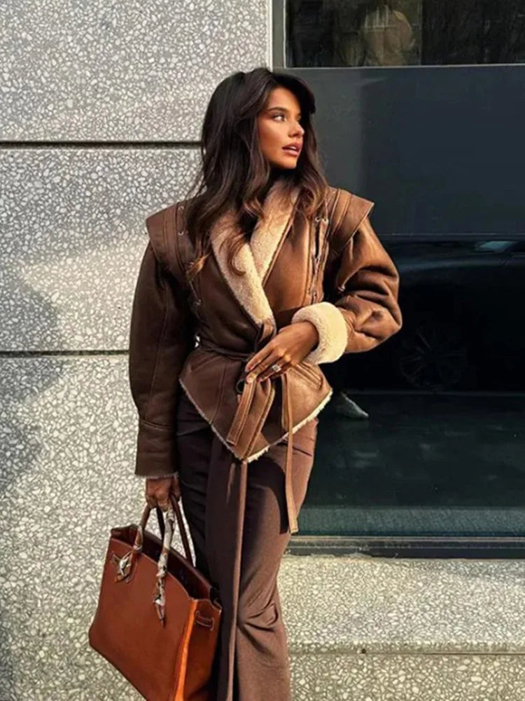 Leather coat with inner fur and belt tie design - Moran