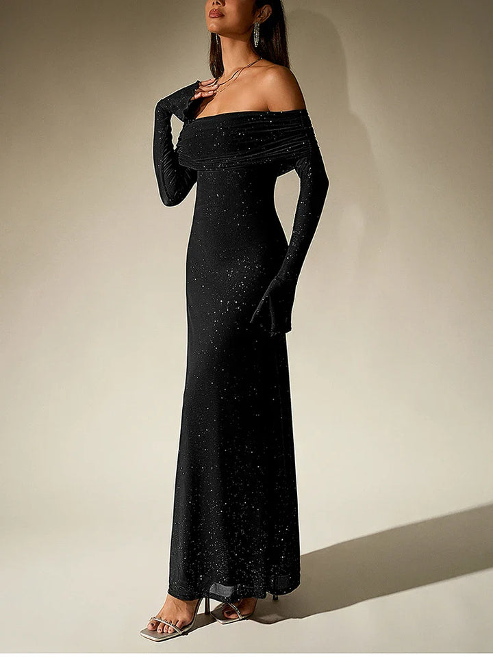Sequin maxi dress with off-shoulder design and bell sleeves - Margarita