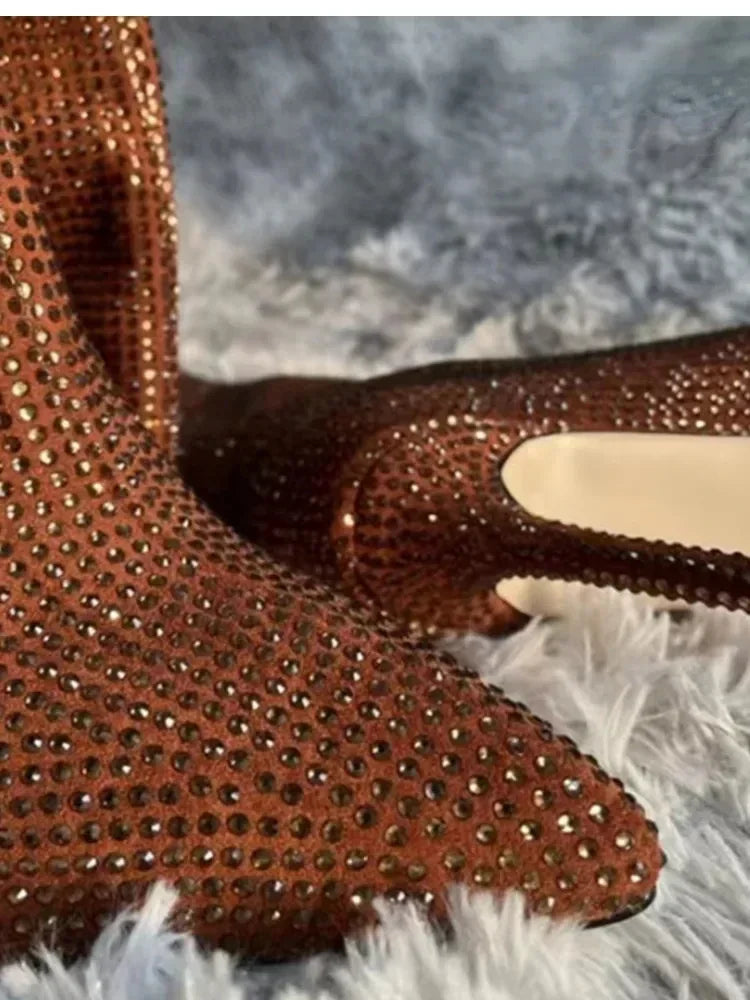 High Pointed Heel Boots with Sparkling Rhinestone Design - Josie