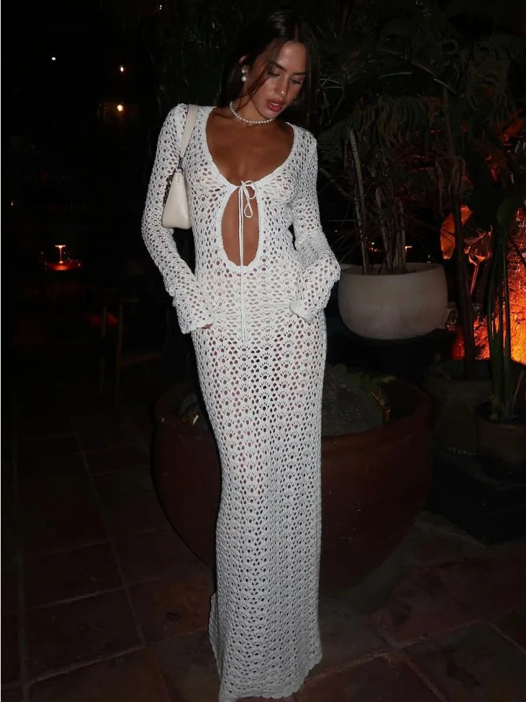Crochet Maxi Dress with Tie Detail on Chest - Halo