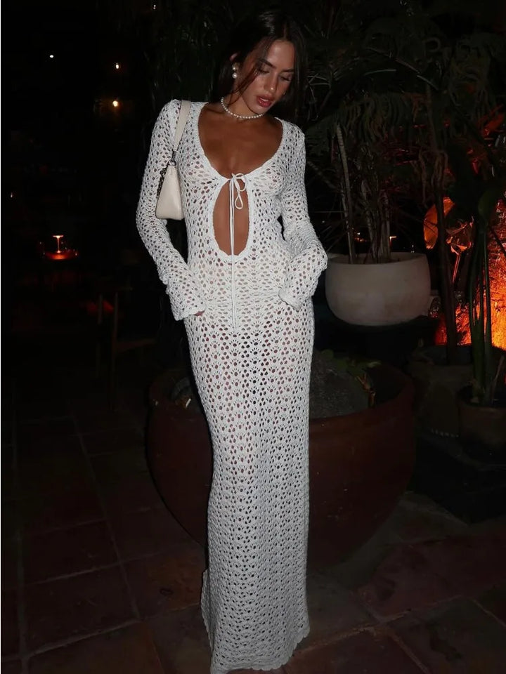 Crochet Maxi Dress with Tie Detail on Chest - Halo
