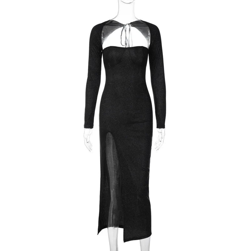 Sequin Maxi Dress with Slit and Open Back Tie Detail - Leila