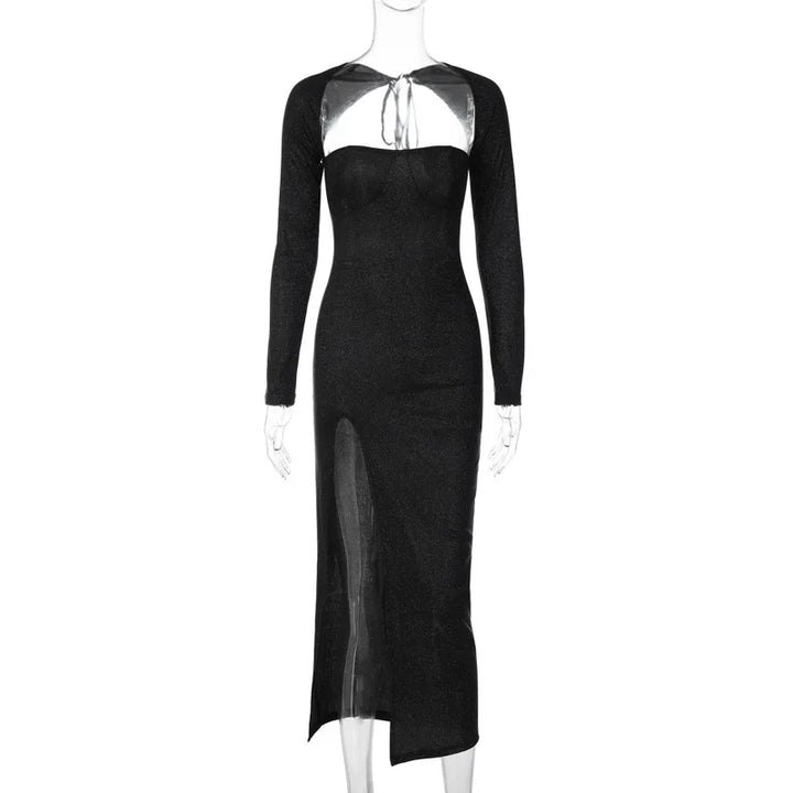 Sequin Maxi Dress with Slit and Open Back Tie Detail - Leila