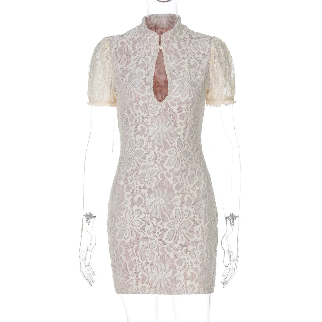 Lace mini dress with turtleneck collar and button decoration - Kimora