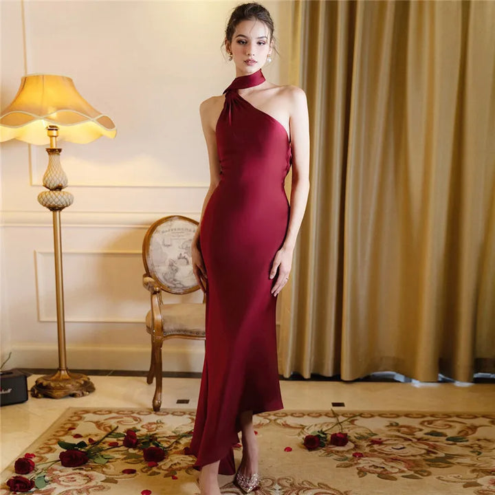Asymmetric satin maxi dress with neck wrap design - Angela