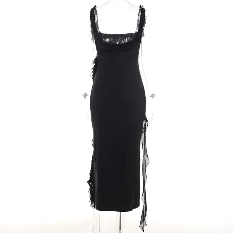 Maxi dress with ruffle decoration and slit design - Yahelia
