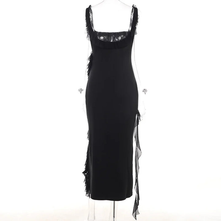 Maxi dress with ruffle decoration and slit design - Yahelia