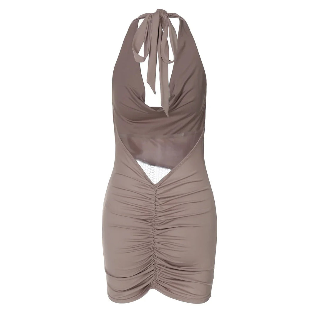Mini Dress with Dropped Collar, Mesh, Sparkling Sequins, Ruching on Hips, and Neck Tie - Linda