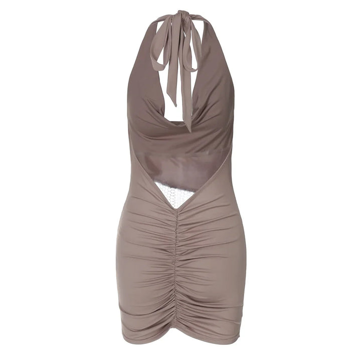 Mini Dress with Dropped Collar, Mesh, Sparkling Sequins, Ruching on Hips, and Neck Tie - Linda
