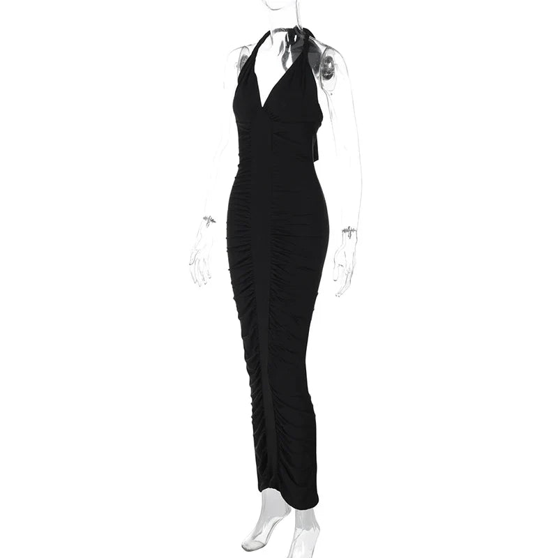 Maxi Dress with Ruching, Open Back, and Neck Tie - Lima