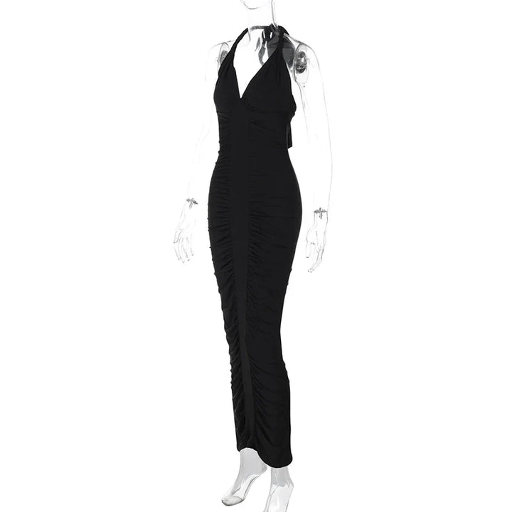 Maxi Dress with Ruching, Open Back, and Neck Tie - Lima