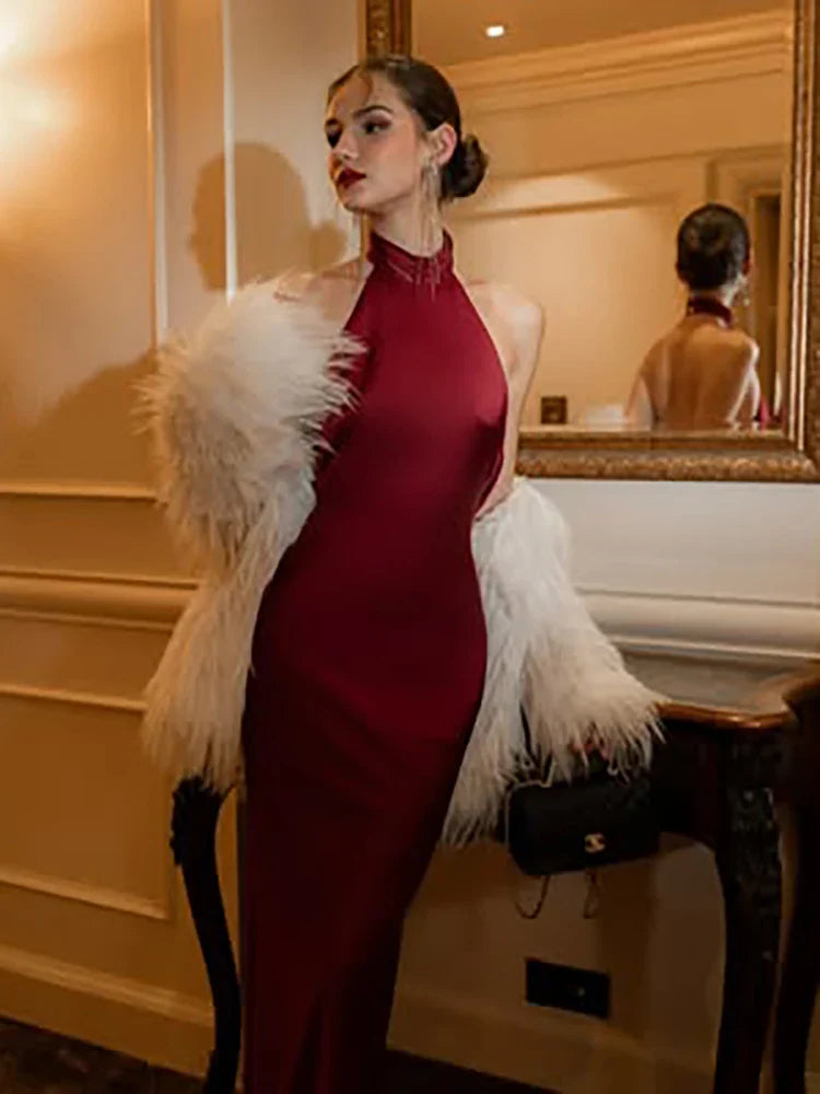 Maxi Satin Dress with Collar and Open Back - Aliya