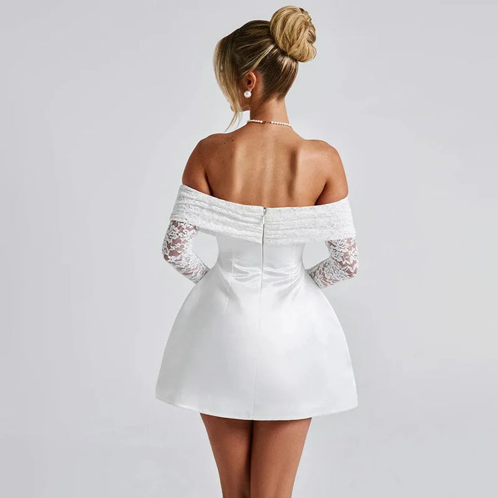 Satin mini dress with off-shoulder and lace sleeves - AMALIA