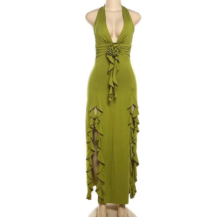 Maxi Dress with Ruffle and Flower Decoration and Open Back - Maxine