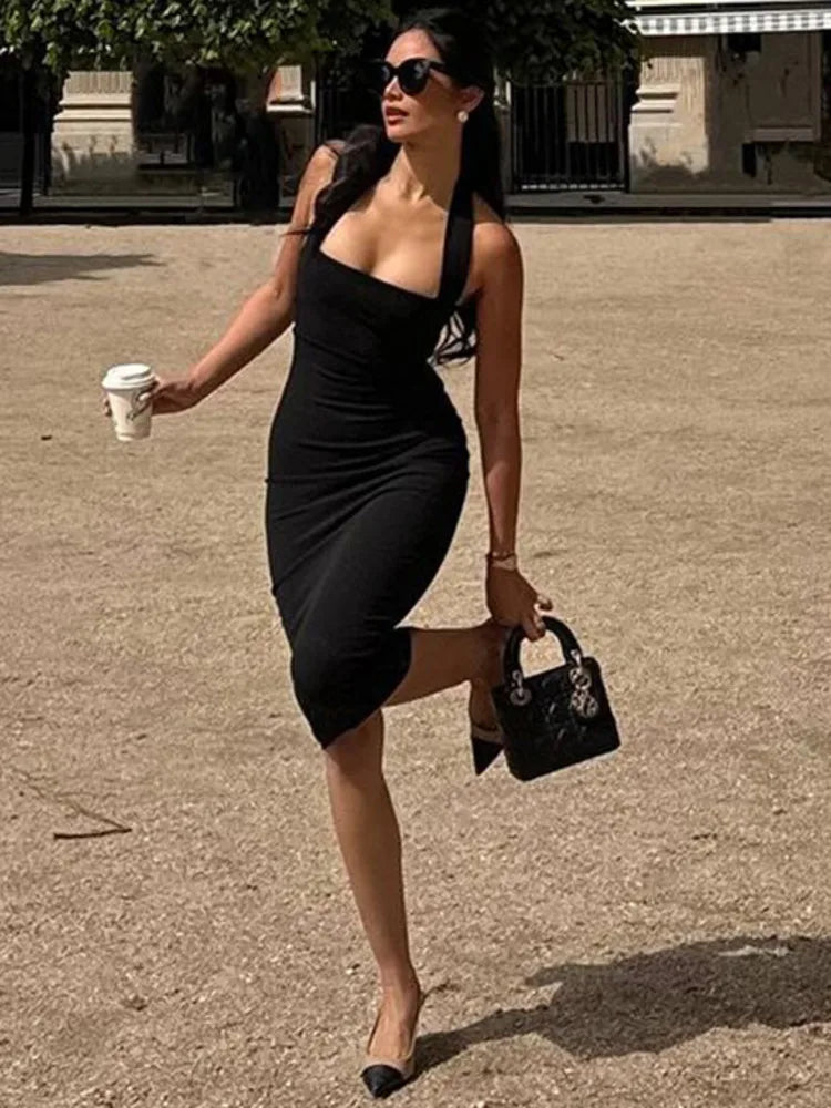 Fitted Midi Dress with Shaping Fabric and Open Back - Paislee