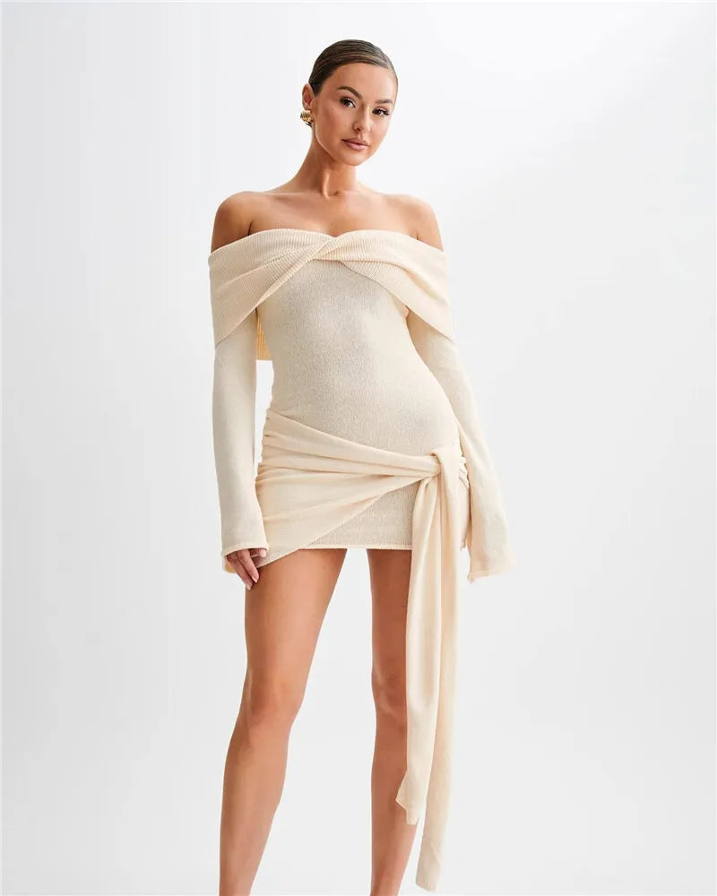 Knitted mini dress with off-shoulder tie design - Karin