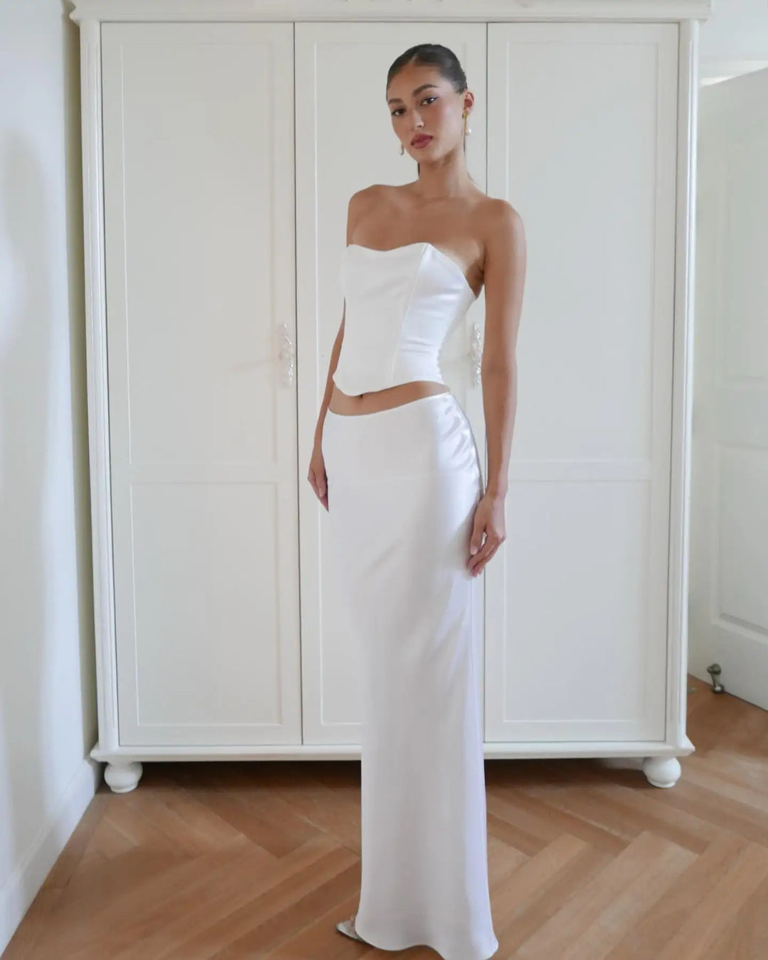 Two-Piece Satin Set with Strapless Top and Maxi Skirt - Siana