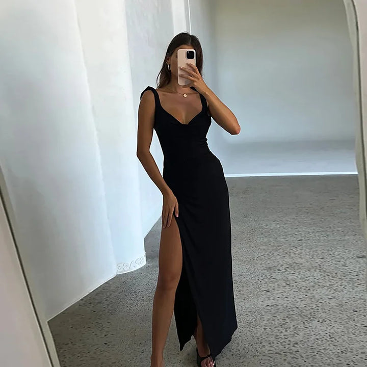 Maxi Dress with Deep Slit and Open Back - Anheli