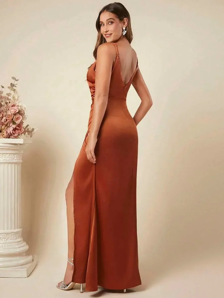 Elegant Maxi Satin Dress with Slit Detail - Reina