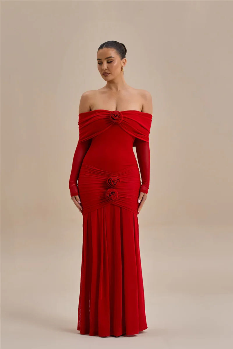 Off-shoulder maxi dress with ruching and floral appliqué decoration - Angelica